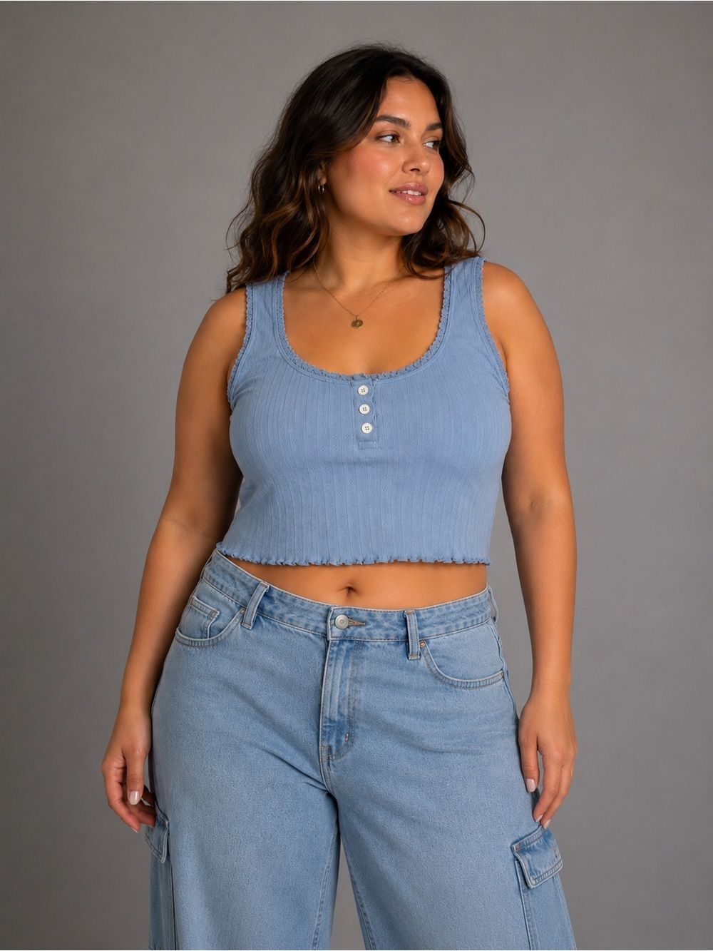 NWOT American Eagle Soft & Sexy Pointelle Rib Henley Tank Top Blue XL